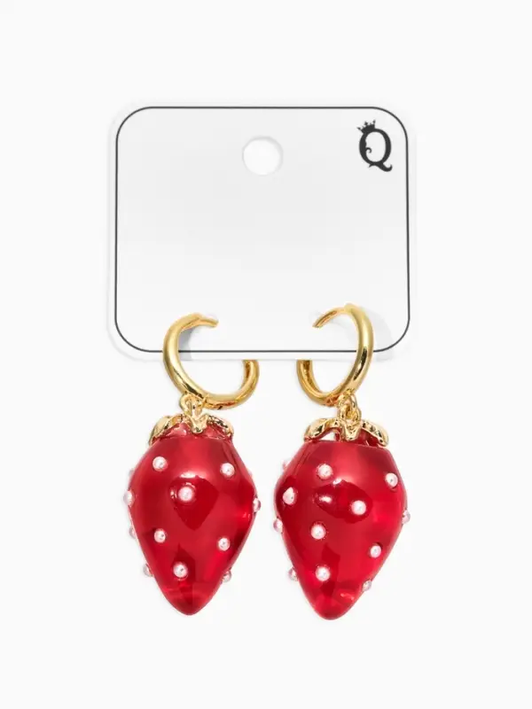 Серьги "Клубничка на кольце" в крапинку, цвет красный в золоте