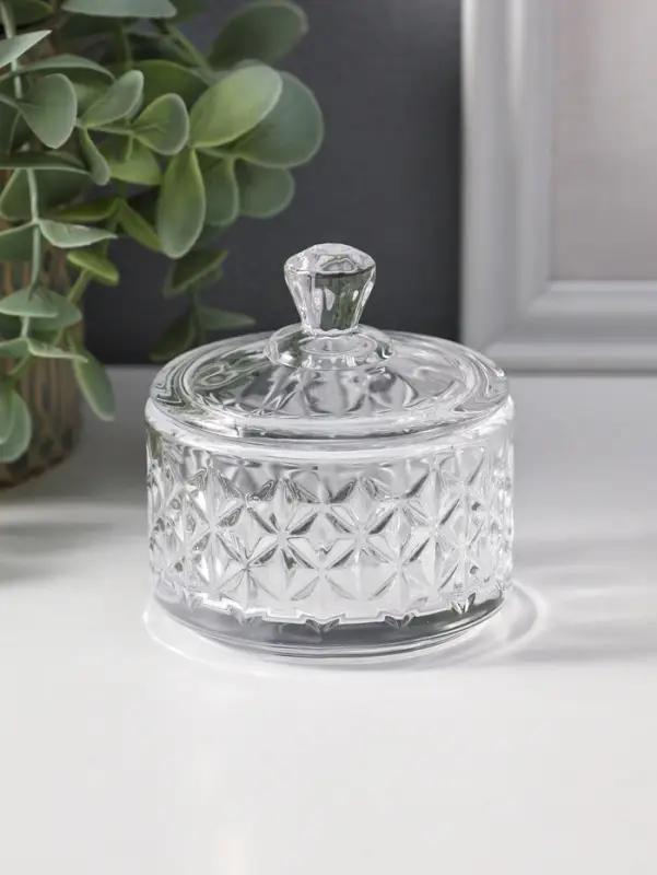 Шкатулка стекло "Ромбы и бриллиант" прозрачная 6,5х6,5х7 см