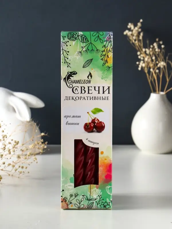 Свечи витые ароматизированные 1,9х24 см (набор 4 шт) 40 гр, 8 ч, вишня Свечи витые ароматизированные 1,9х24 см (набор 4 шт) 40 гр, 8 ч, вишня