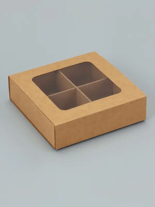 Коробка для 4 конфеты, крафт, 12.5&times;12.5&times;3.5 см