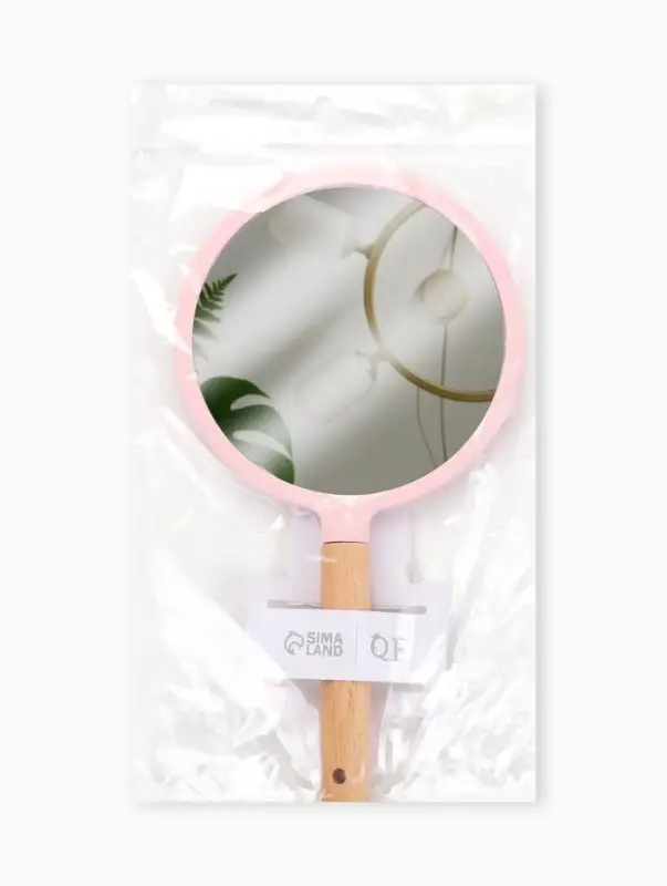 Зеркало с ручкой, 14&times;25 см, (d=12.5 см), розовое