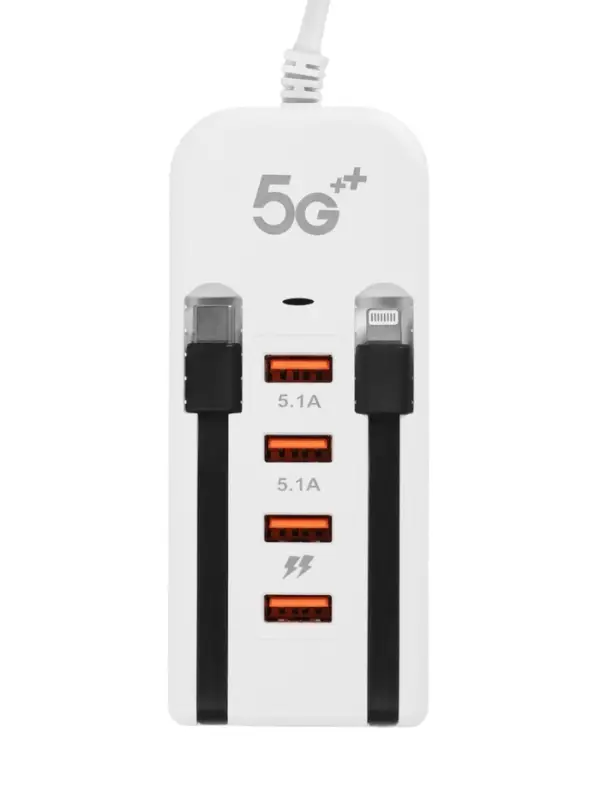 Зарядное устройство USB, 4 порта, с встроенными кабелями Type-C и Lightning, провод 1 м, белый