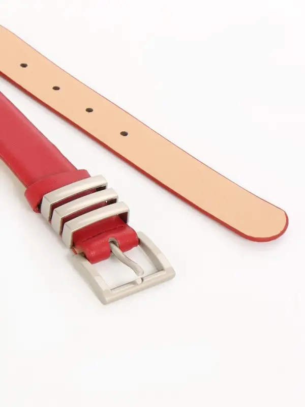 Ремень женский, 110&times;2.8 см, прямоугольная пряжка металл, серебристая, красный