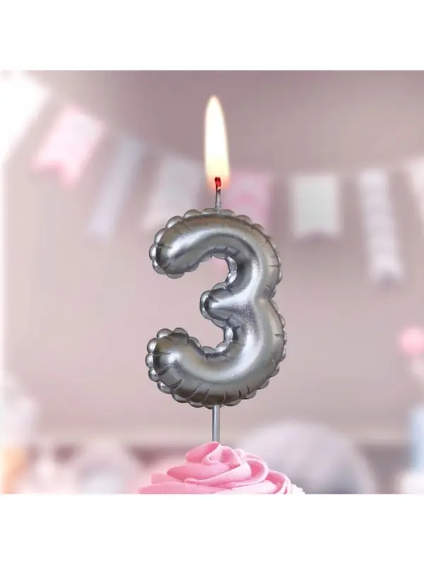 Свеча в торт на шпажке "Воздушая цифра", цифра "3", серебро