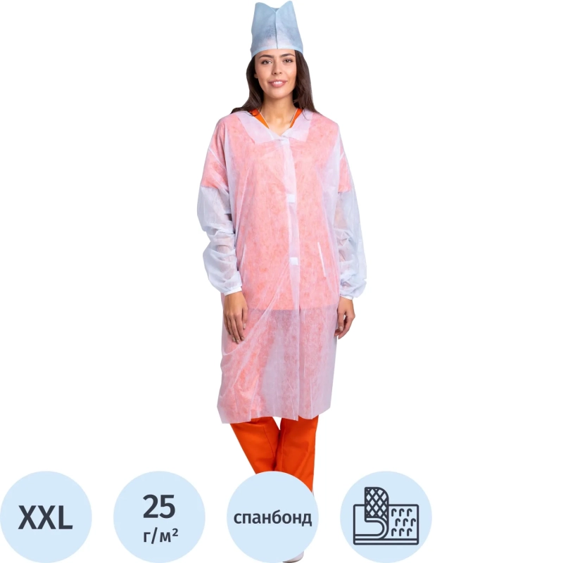 Халат н/с процед, рук.рез, на липч, XXL, дл.110см, пл 25, белый, 10шт/уп