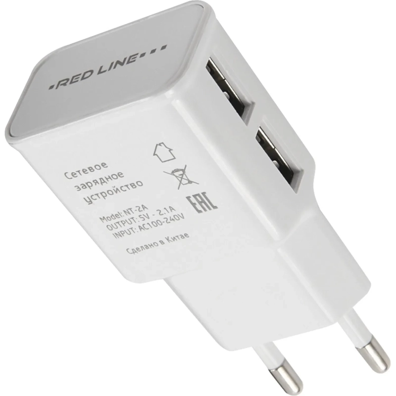 Зарядное устройство сетевое, 2 USB, 2.1А, Red Line NT-2A, бел, УТ000009405