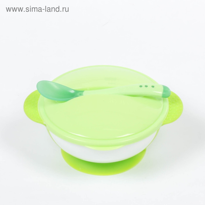 Набор для кормления, 3 предмета: миска 350 мл на присоске, крышка, ложка, цвет зелёный Набор для кормления, 3 предмета: миска 350 мл на присоске, крышка, ложка, цвет зелёный