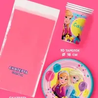 Посуда одноразовая бумажная, на 10 персон, стаканы, тарелки, скатерть, Холодное сердце