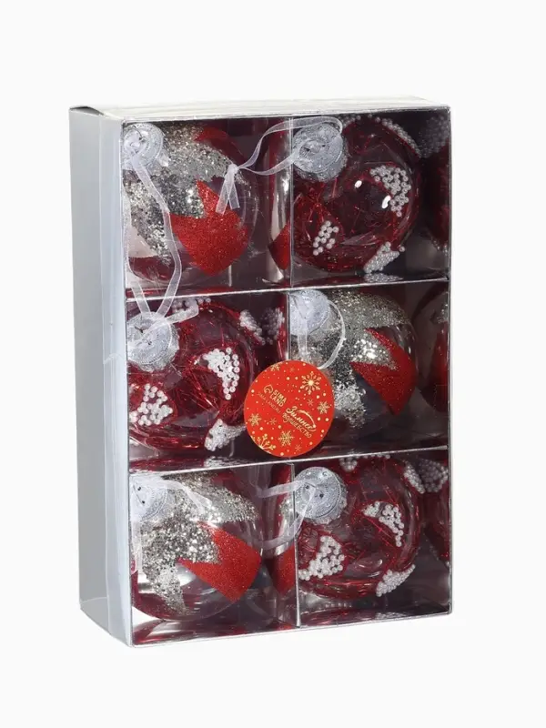 Ёлочные шары новогодние &laquo;Мелвин&raquo;, набор 6 шт., d=8 см, прозрачный/красно-белый