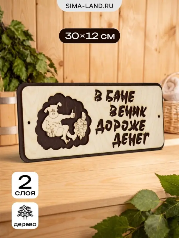 Табличка для бани и сауны &laquo;В бане веник дороже денег&raquo;, 30&times;12 см, деревянная