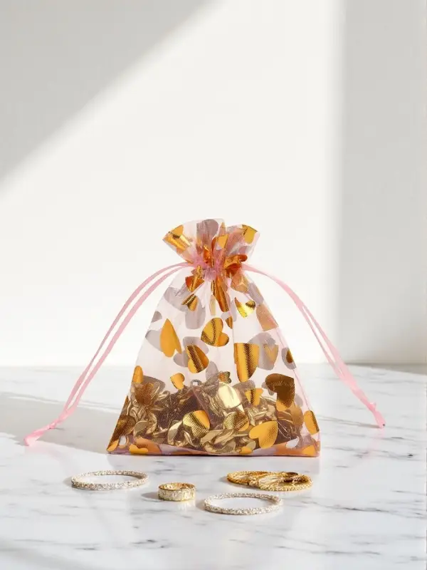 Набор мешочков подарочных 100шт.  "Сердечки", 10*12, цвет розовый с золотом (4621385)