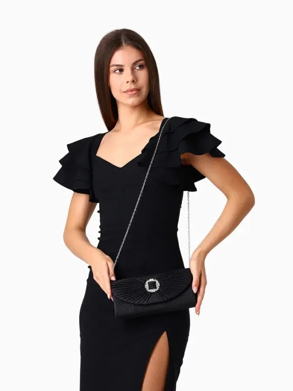 Сумка-клатч женская вечерняя на магните, на длинной цепочке, с декоративной пряжкой, блестящая, чёрная