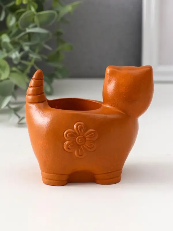 Подсвечник «Кошка с орнаментом», 8.5×9.5×6.5 см, красная глина