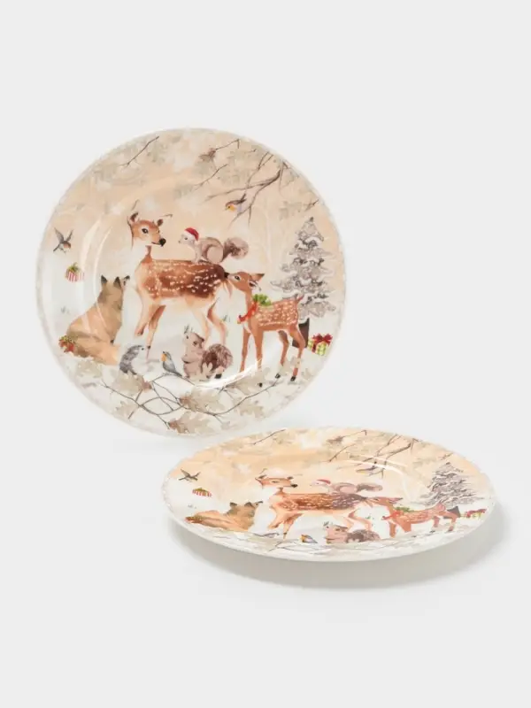 Набор тарелок новогодних «Лесное чудо», 2 шт., d=19 см, керамика, подарочная упаковка, бежевый Набор тарелок новогодних «Лесное чудо», 2 шт., d=19 см, керамика, подарочная упаковка, бежевый