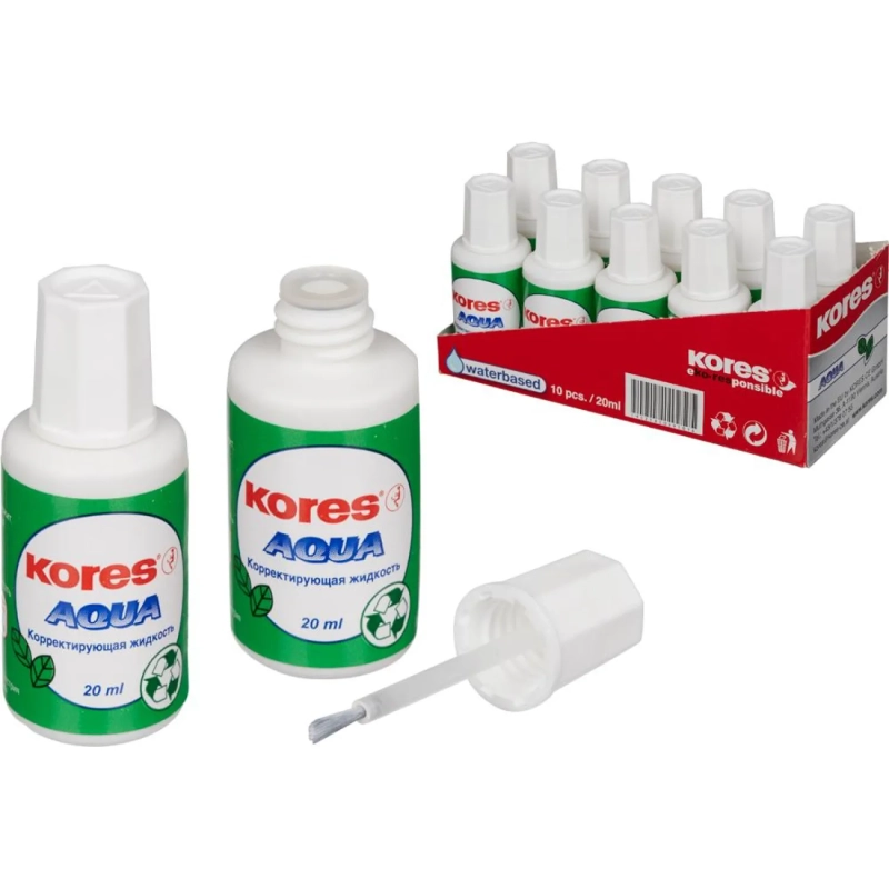 Корректирующая жидкость KORES AQUA 20мл на водной основе, кисточка 69101