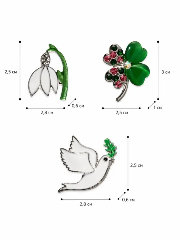 Броши &laquo;Голубь, клевер, подснежник&raquo;, набор 3 шт. разноцветный в серебре