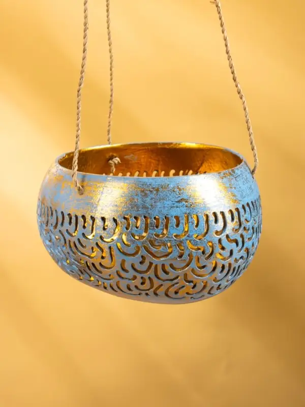 Подсвечник подвесной из кокоса, 14×14×10 см, сине-золотой
