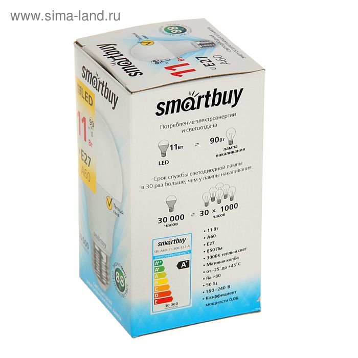 Лампа cветодиодная Smartbuy, A60, E27, 11 Вт, 3000 К, теплый белый свет Лампа cветодиодная Smartbuy, A60, E27, 11 Вт, 3000 К, теплый белый свет