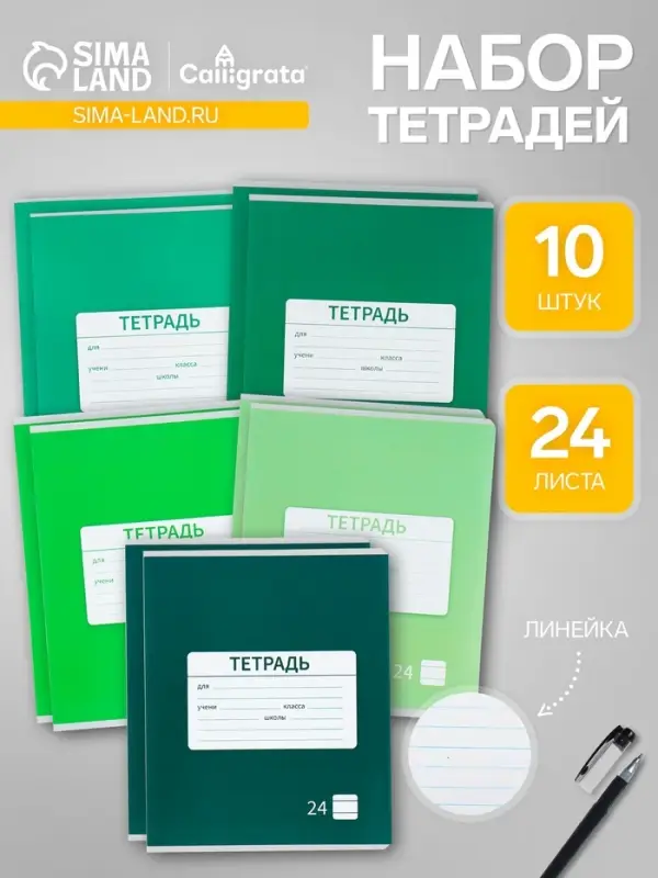 Тетради 10 штук, 24 листа в линию &laquo;Однотонная&raquo;, обложка мелованная бумага, ВД-лак, блок №2, белизна 75%