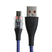 Кабель, 2 А, MicroUSB  - USB, прозрачный, оплётка нейлон, 1 м, синий