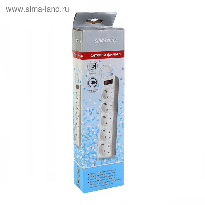 Сетевой фильтр Smartbuy, 5 розеток, 1.8 м, 10 А, 2200 Вт, с з/к, с выкл., белый Сетевой фильтр Smartbuy, 5 розеток, 1.8 м, 10 А, 2200 Вт, с з/к, с выкл., белый
