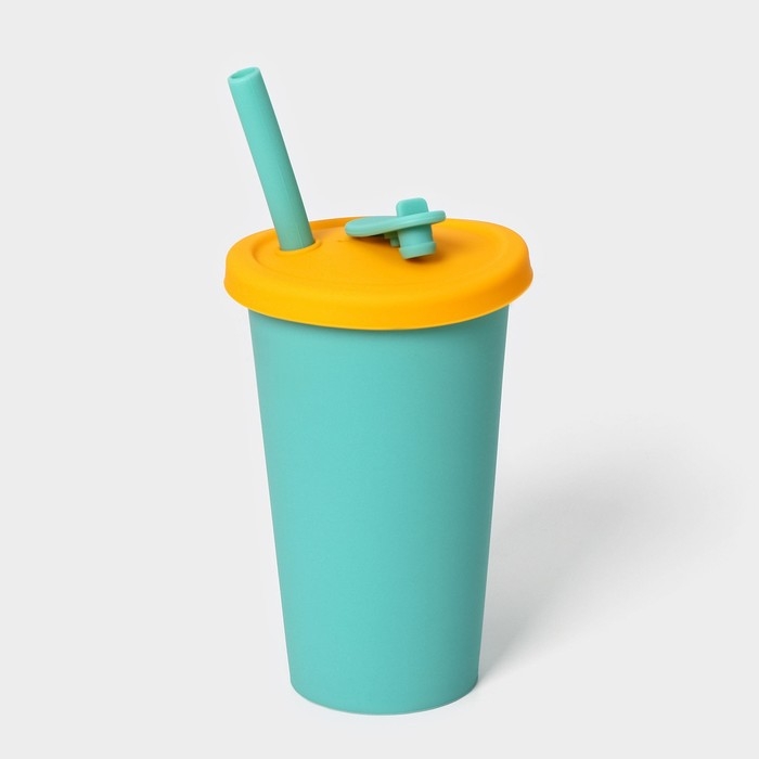 Стакан с крышкой и трубочкой, 350 мл, 9×9×13,5см, цвет голубой Стакан с крышкой и трубочкой, 350 мл, 9×9×13,5см, цвет голубой