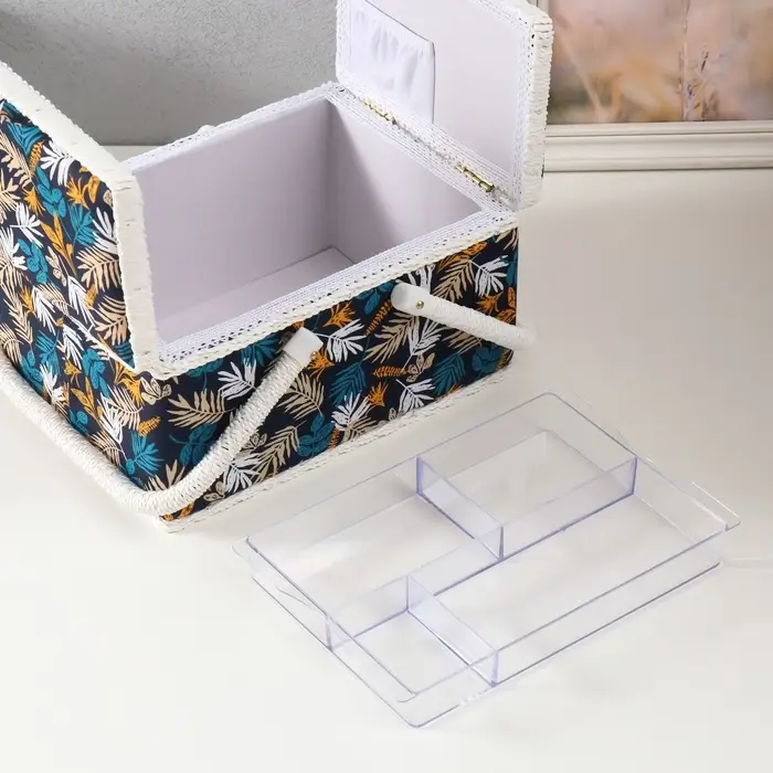 Шкатулка для рукоделия и шитья &laquo;Лесные веточки на синем&raquo;, хранение ниток, иголок, мелочи, 19&times;26&times;14.5 см