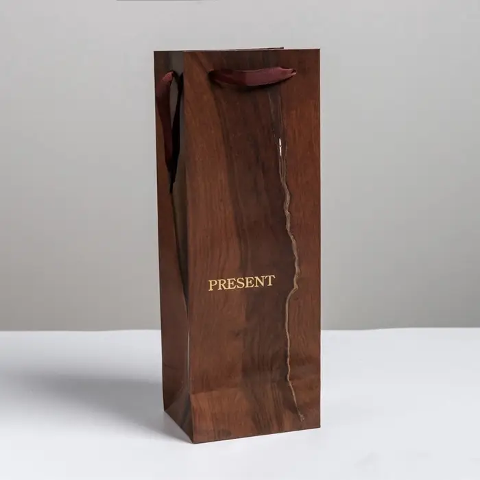 Пакет подарочный ламинированный под бутылку, упаковка, &laquo;Wood present&raquo;, 13&times;36&times;10 см