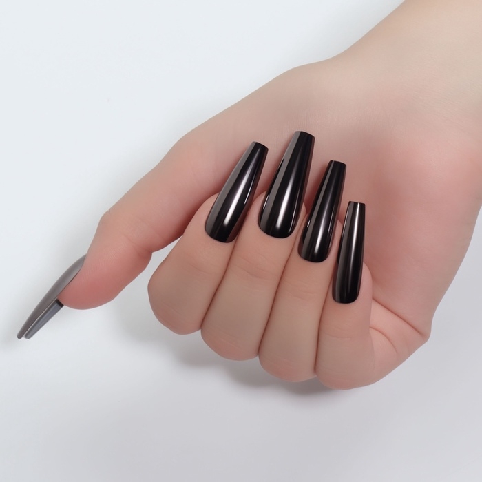 Накладные ногти, 12 шт, с клеевыми пластинами, форма балерина, матовый/хромированный, цвет синий/чёрный Накладные ногти, 12 шт, с клеевыми пластинами, форма балерина, матовый/хромированный, цвет синий/чёрный