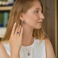 Гарнитур 3 предмета: серьги, кулон, кольцо безразмерное &laquo;Эдель&raquo;, ажурный овал, син в золоте, 45 см