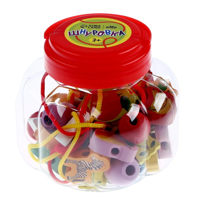 Шнуровка в банке 40 деталей  Шнуровка в банке 40 деталей "Цветы,фигуры,сердца", 2 иглы дерев , 2 шнурка, цвета МИКС, шнурок 90 см