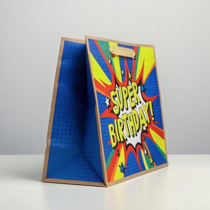Пакет подарочный крафтовый горизонтальный, упаковка, Super birthday, ML 27 х 23 х 11.5 см Пакет подарочный крафтовый горизонтальный, упаковка, Super birthday, ML 27 х 23 х 11.5 см