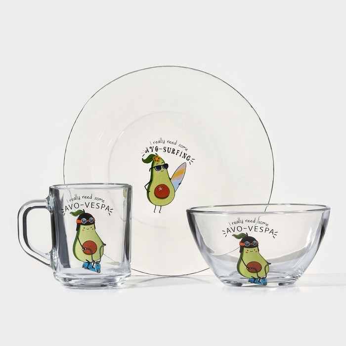 Набор для завтрака «Авокадо», 3 предмета: кружка 200 мл, салатник 450 мл, тарелка, рисунок микс Набор для завтрака «Авокадо», 3 предмета: кружка 200 мл, салатник 450 мл, тарелка, рисунок микс