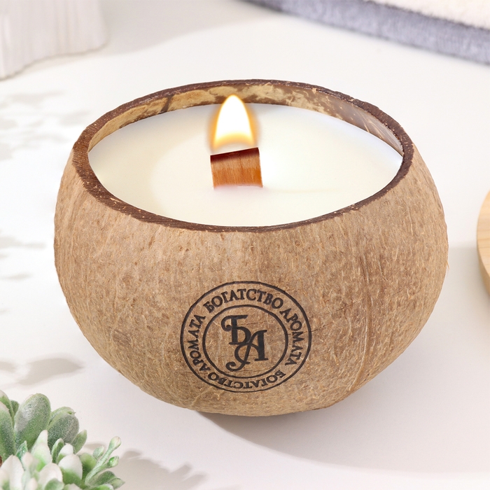 Свеча в кокосе ароматическая, сладкий апельсин и лайм, соевый воск, 8х10 см, в коробке Свеча в кокосе ароматическая, сладкий апельсин и лайм, соевый воск, 8х10 см, в коробке