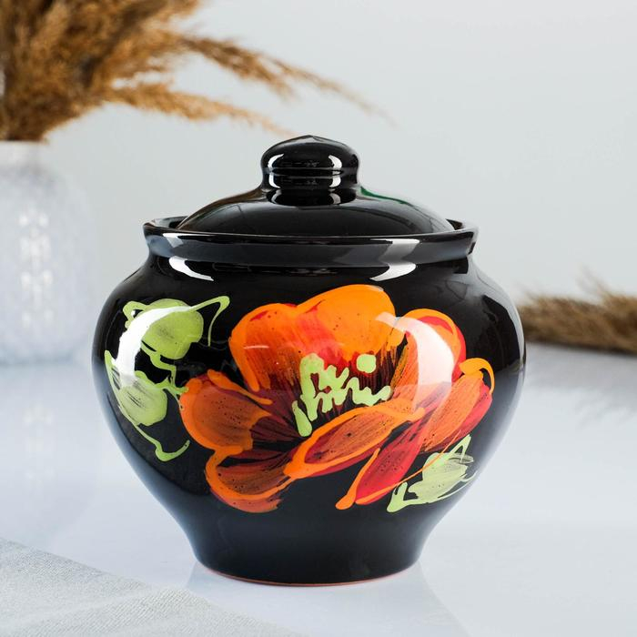 Набор горшков  Набор горшков "Подарочный с ухватом" 4х0,85л / 27х21х13см, мак на черном