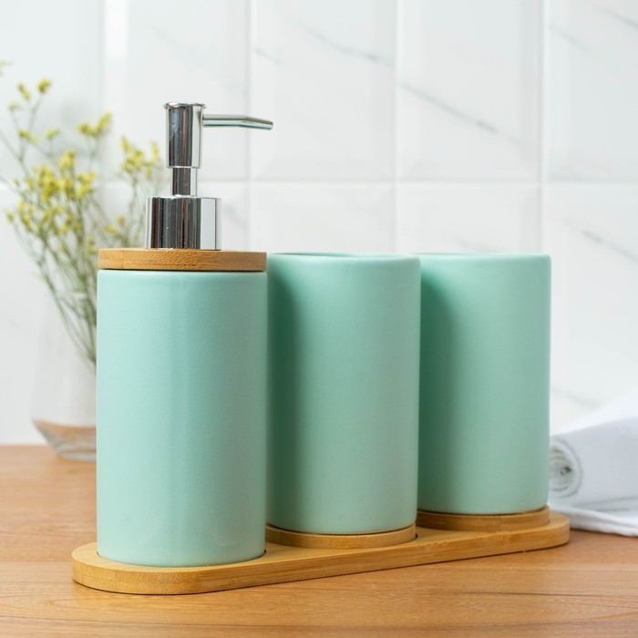 Набор аксессуаров для ванной комнаты «Натура», 3 предмета (дозатор 400 мл, 2 стакана, на подставке), цвет мятный Набор аксессуаров для ванной комнаты «Натура», 3 предмета (дозатор 400 мл, 2 стакана, на подставке), цвет мятный