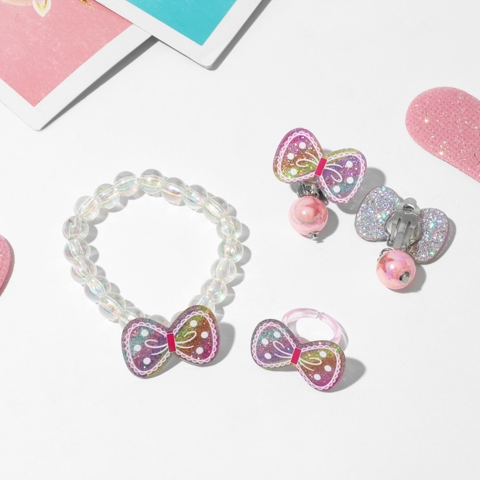 Набор детский «Выбражулька» 3 предмета: клипсы, браслет, кольцо, бантики, цветной Набор детский «Выбражулька» 3 предмета: клипсы, браслет, кольцо, бантики, цветной