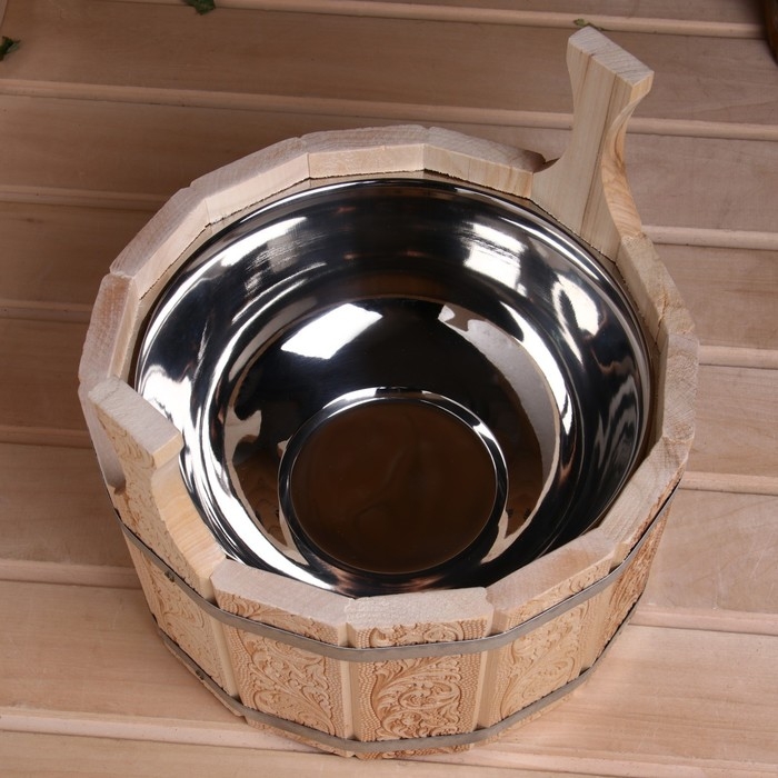 Шайка-таз из липы, 5 л, двуручная,нержавеющая вставка, Русский узор Шайка-таз из липы, 5 л, двуручная,нержавеющая вставка, Русский узор