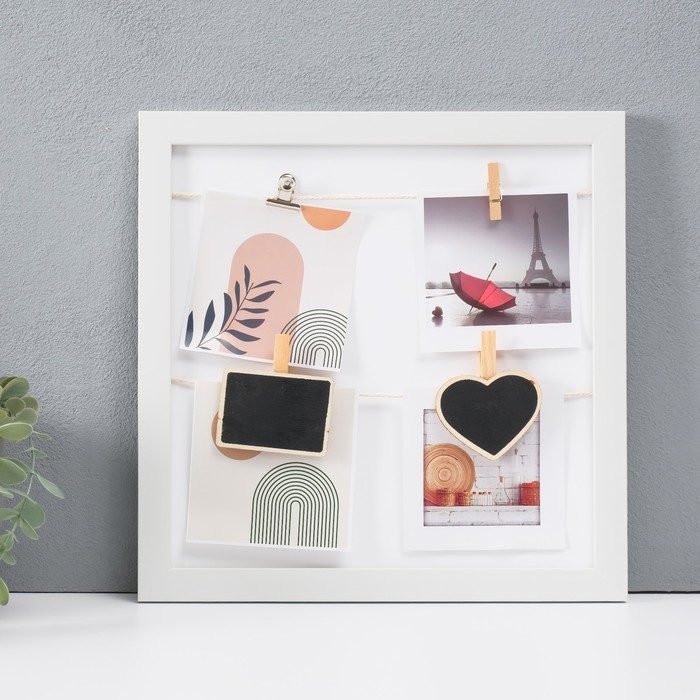 Фоторамка пластик на 4 фото 10х10 см "Стиль" с прищепками, белая 30х30х1,5 см