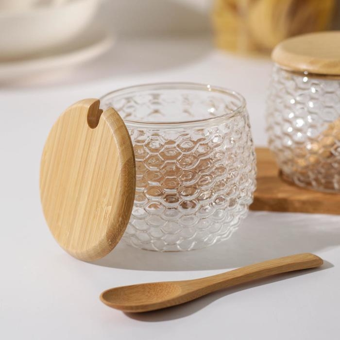 Набор банок стеклянных для сыпучих продуктов на деревянной подставке «Эко», 300 мл, с ложками, 3 шт