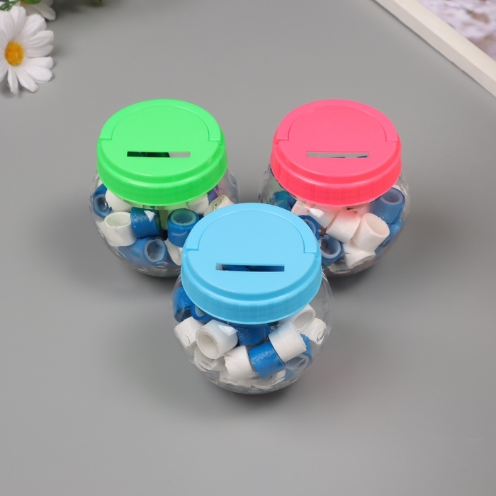 Клейкая лента пластик в банке  Клейкая лента пластик в банке "Белый и синий" н-р 40 шт 1,2 см, дл. 0,9 м 7х7х9 см