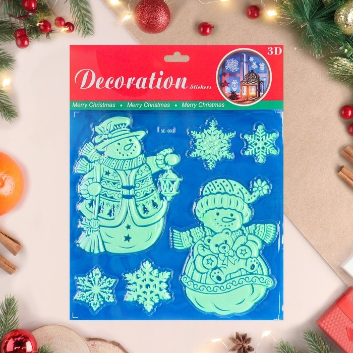 Наклейки на окна, светящиеся Наклейки на окна, светящиеся "Новогодние" снеговики, 27 х 21 см