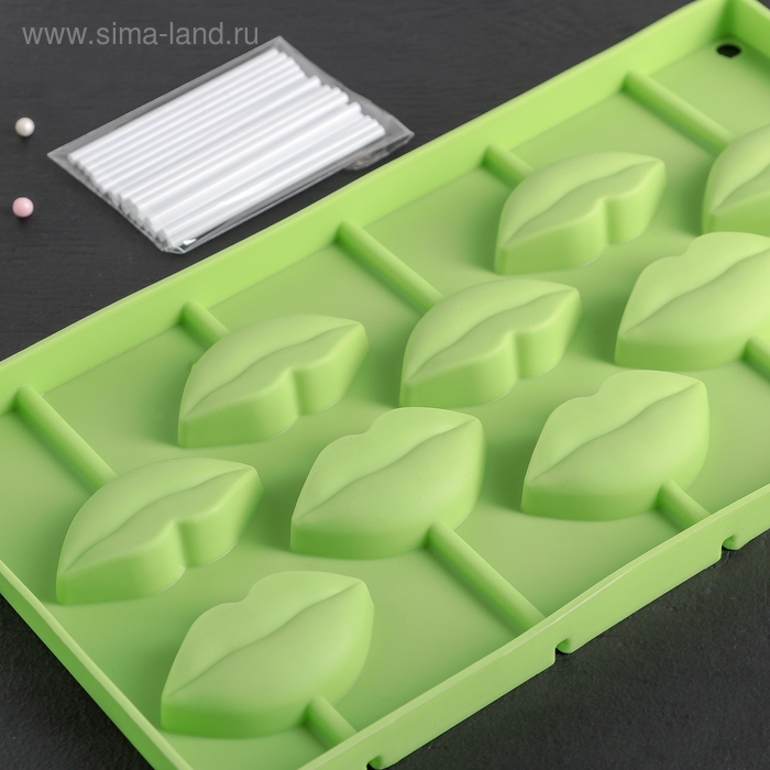 Форма леденцов Доляна «Поцелуй», силикон, 28,5×16 см, 10 ячеек (6×3см), с палочками, цвет МИКС Форма леденцов Доляна «Поцелуй», силикон, 28,5×16 см, 10 ячеек (6×3см), с палочками, цвет МИКС