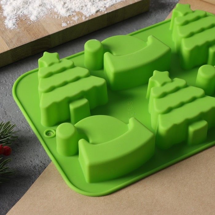 Форма для выпечки новогодняя Доляна «Новый год. Ёлка и Дед мороз», силикон, 25×17 см, 6 ячеек, цвет зелёный Форма для выпечки новогодняя Доляна «Новый год. Ёлка и Дед мороз», силикон, 25×17 см, 6 ячеек, цвет зелёный