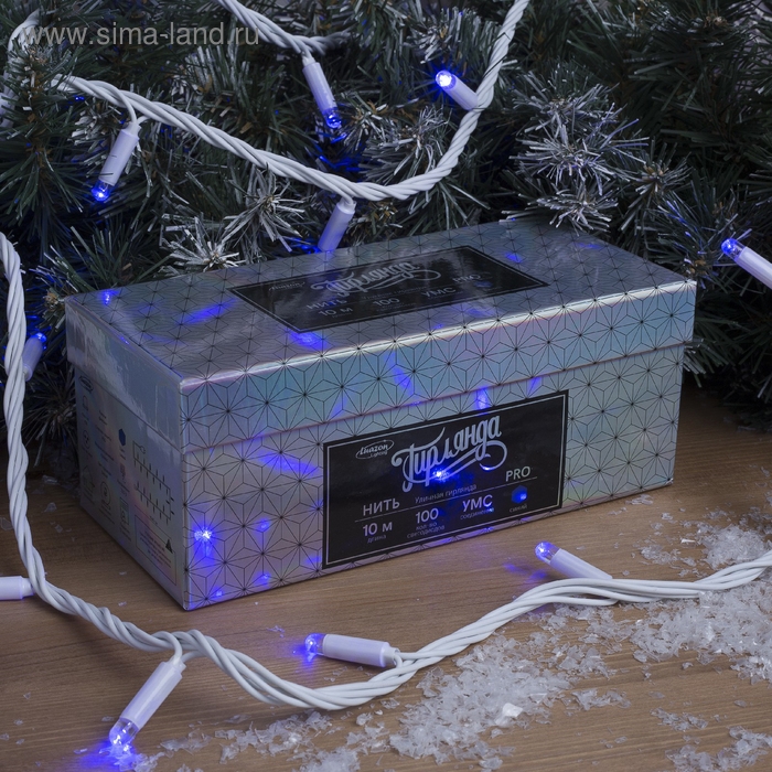 Гирлянда «Нить» 10 м, IP65, УМС, белая нить, 100 LED, свечение синее, 220 В