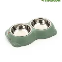 Миска двойная, 26.3&times;16&times;3.9 см, на пластиковом основании, металл, зелёная