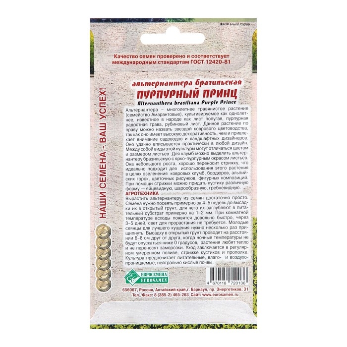 Семена цветов Альтернантера бразильская Семена цветов Альтернантера бразильская "Пурпурный Принц", 3 шт