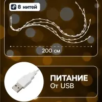 Гирлянда &laquo;Конский хвост&raquo; 8 нитей по 2 м, IP20, серебристая нить, 160 LED, свечение тёплое белое, USB