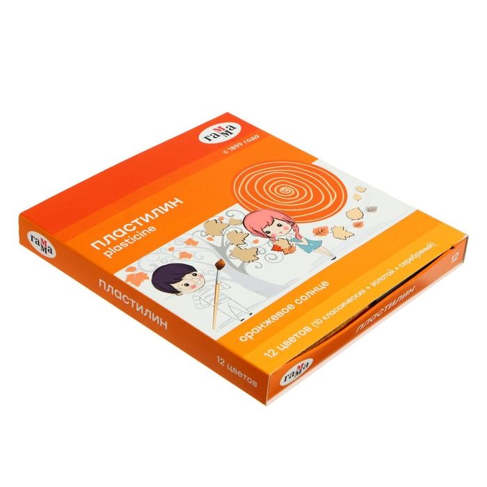 Пластилин 12 цветов 172 г, (10 классических + золото + серебро) Гамма Пластилин 12 цветов 172 г, (10 классических + золото + серебро) Гамма "Оранжевое солнце", со стеком, картонная упаковка 130520206
