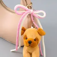 Брелок текстиль "Милый щенок с бело-розовым бантиком" коричневый 5х9,5х20 см